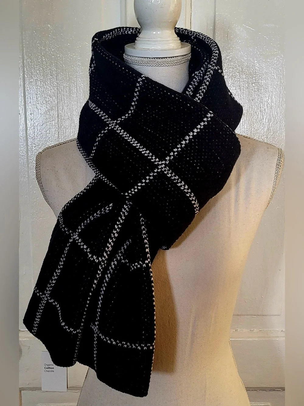 Eileen Fisher Organic Cotton Chenille Windowpane Plaid Scarf Wrap Shawl OS - NWT